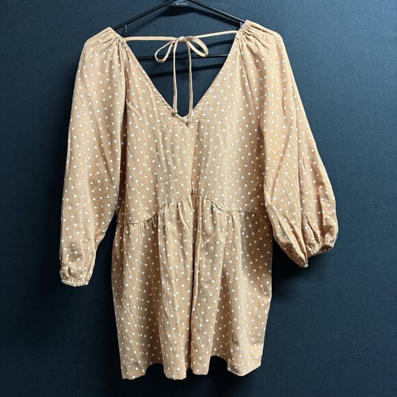 Entro Polka Dot Mini Dress Women’s M Boho V-Neck Tie Back Peasant 3/4 Sleeve - Picture 2 of 9